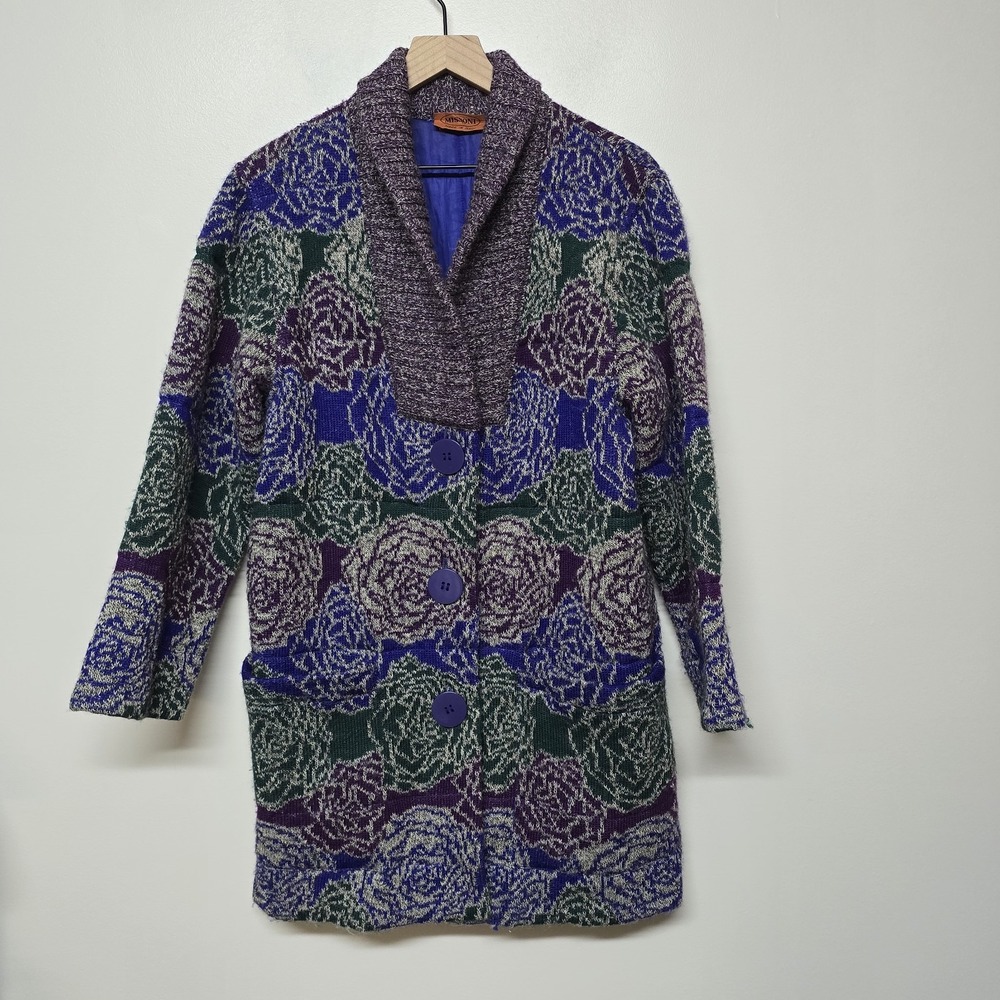 Missoni Made in Italy Wool Alpaca Knit Coat Jacket Size S Purple Floral Lined